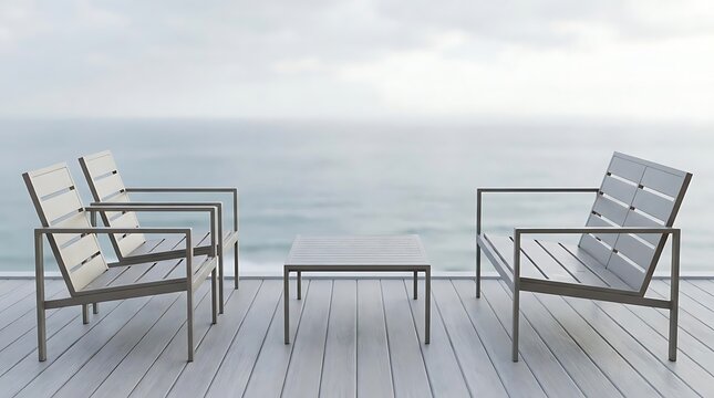 A modern outdoor lounge set on a deck overlooking the ocean, perfect for enjoying a refreshing cucumber mint refresher on a sunny afternoon in summer