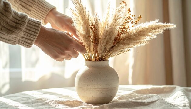 秋の光を浴びながらすすきを花瓶に生ける両手のアップ
