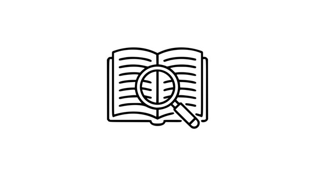 Minimalist vector icon of open book with magnifying glass for research study, clean line art illustration for education academic learning concept, scalable outline design for knowledge discovery