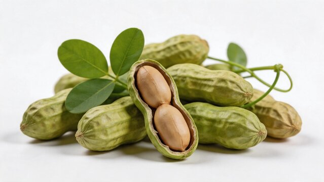 Peanuts in green shells with leaves