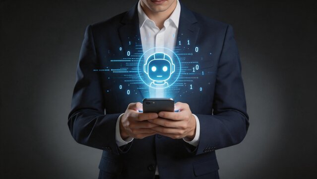 Businessman with robot icon on phone