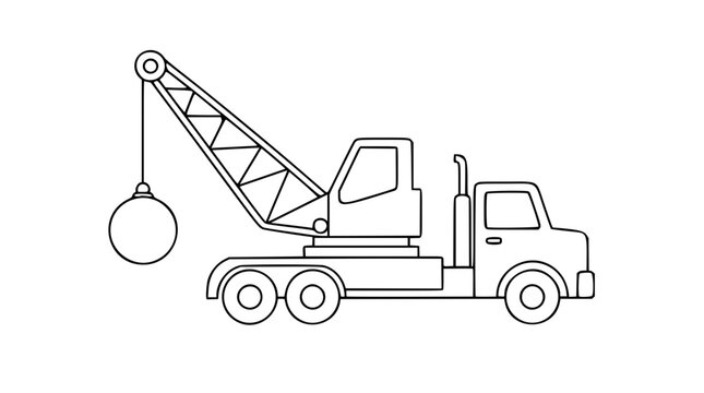 Detailed vector illustration of a heavy-duty wrecking ball crane truck, clean black outline icon style, perfect for construction site, demolition, and industrial machinery graphic design projects.