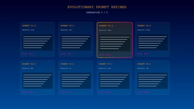 A dynamic prompt optimization interface showcases genetic algorithm selection cycles, highlighting different AI prompts as they evolve across multiple generations of software refinement.
