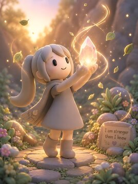 Cute 3D Clay Girl Holding a Glowing Crystal Symbolizing Inner Strength Hope and Personal Growth