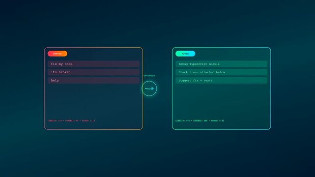 A digital prompt optimization interface demonstrates the transformation of vague user queries into highly detailed, structured artificial intelligence instructions for software development.
