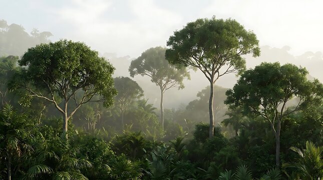 A serene view of Copaifera officinalis trees towering over a dense tropical rainforest canopy enveloped in morning mist during a bright sunny day