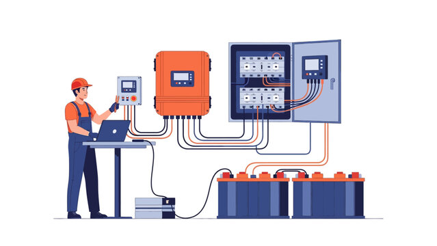 Engineer Installing Solar Energy Storage System Vector