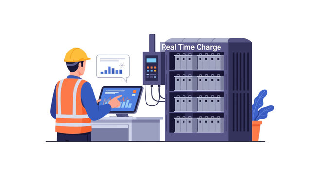 Industrial Technician Monitoring Battery Energy Storage System with Real-Time Data