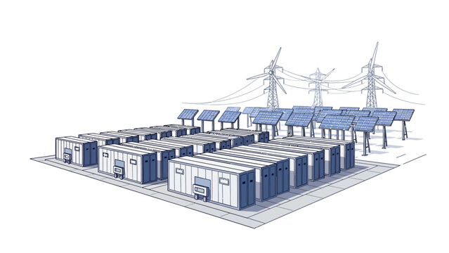 Renewable Energy Storage Station with Solar Panels, Wind Turbines, and Battery Containers Illustration