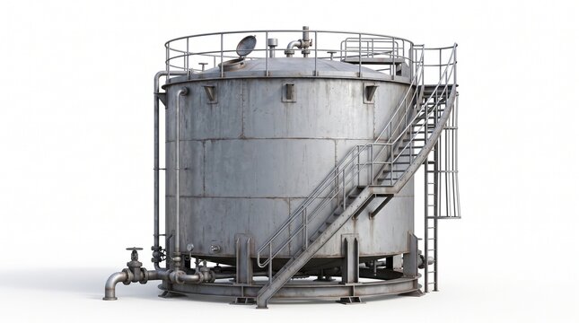 Large industrial storage tank with external staircase and pipes