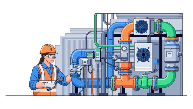 Female Engineer Inspecting Industrial HVAC Piping System Illustration