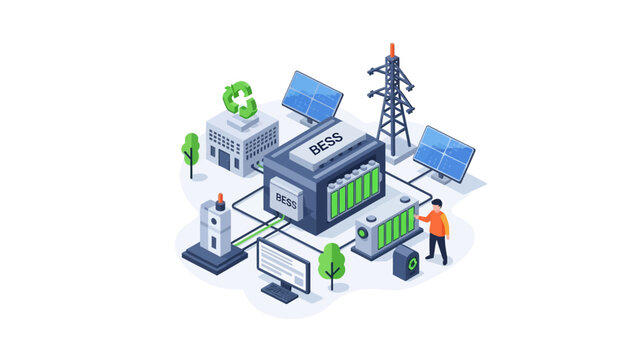 Isometric Renewable Energy Grid with BESS Battery Storage and Solar Panels