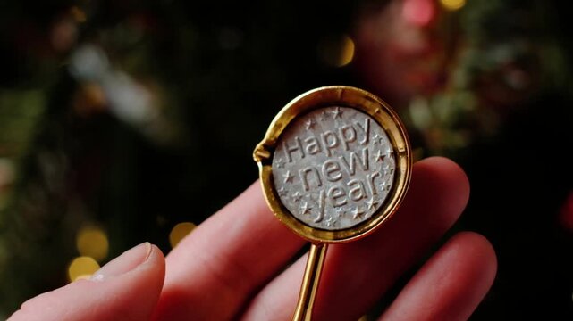 Fun tin casting set for New Years party.spoon with a tin coin ready for casting set against the backdrop of a Christmas tree. 4k footage