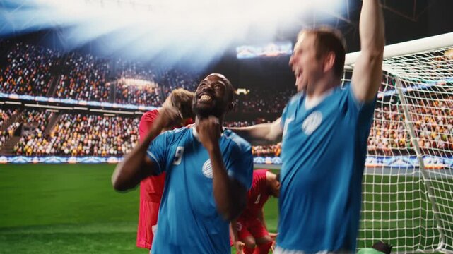 Soccer teammates celebrating match victory on pitch after goal, footballers screaming and hugging, cheering with arms raised and clenched fists, goal aftermath with excitement and joy.