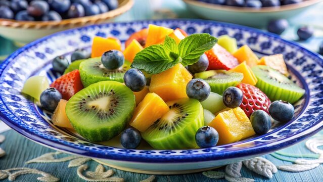 A colorful fruit salad with vibrant kiwi and plump blueberries gently rests on a delicate china plate