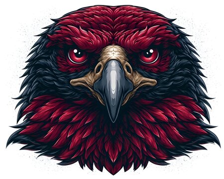 Majestic head of an eagle with striking red and black feathers and intense red eyes vector illustration