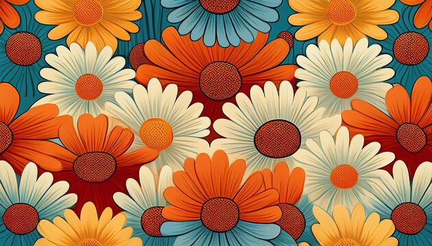 retro seventies style seamless pattern with overlapping daisies