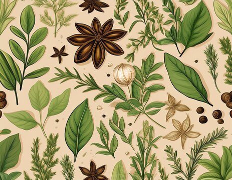 seamless green herb and spice pattern on beige background for organic and culinary design