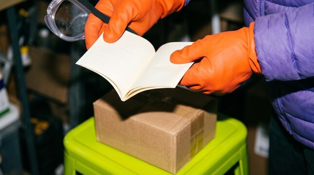 Gloved hands turn a blank booklet upside down by a parcel