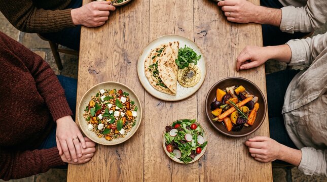 Diners share regional dishes at a communal market hall table