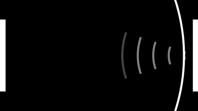 Abstract animation of emitting white and grey sound waves or radio signals pulsating continuously on a dark background.
