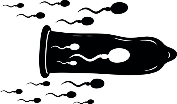 Vector illustration of a black condom with sperm cells inside and outside, symbolizing safe sex, contraception methods, family planning, and reproductive health awareness.