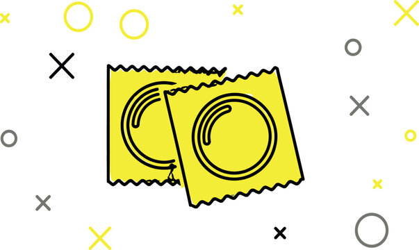 Minimalist Vector Illustration of Two Yellow Condom Wrappers on a Decorative Geometric Background for Sexual Health Education, Safe Sex Awareness, and Contraception Promotion Concepts.
