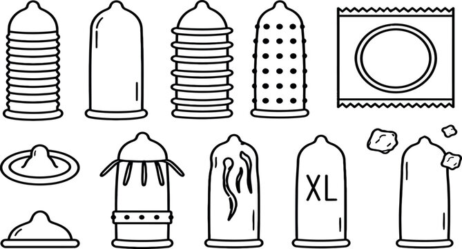 Vector Illustration Set of Various Condom Types Including Ribbed Dotted XL and Packaged Options for Safe Sex Education Protection and Sexual Health Awareness Icon Graphics Collection