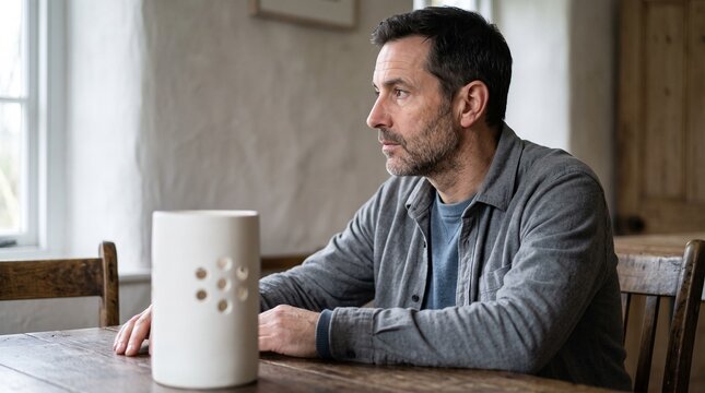 Man notices a perforated ceramic object with quiet unease