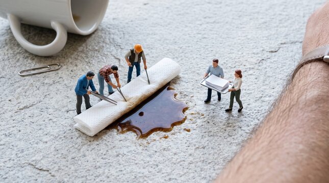Tiny office team contains a coffee spill with paperwork