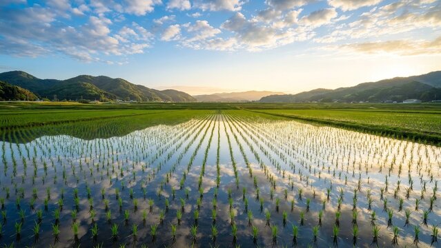 Agriculture - Flooded Rice Paddy Fields at Sunset with Mirror Reflection and Mountain Valley Backdrop in Rural Japan