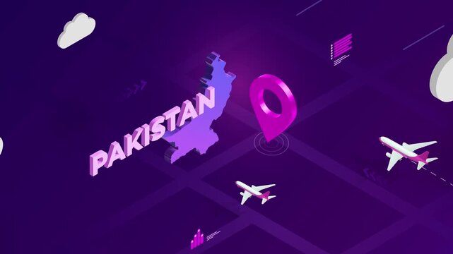 Isometric Design, Pakistan Map Silhouette Location Pin and Airplanes on Purple Animation, Travel Background