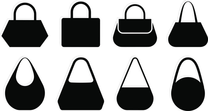 Minimalist geometric women handbag sticker silhouettes pack featuring flat black shapes for retail fashion design collection