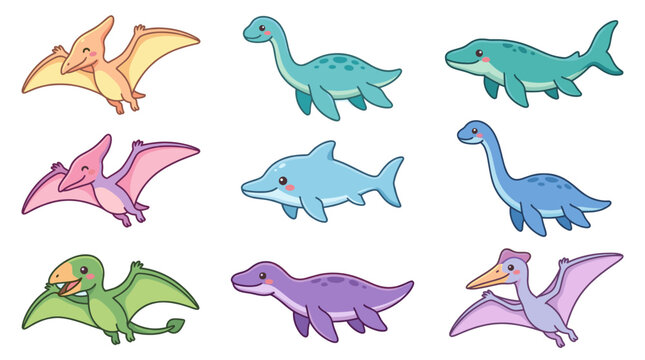 Collection of flying and aquatic prehistoric creature illustrations.
