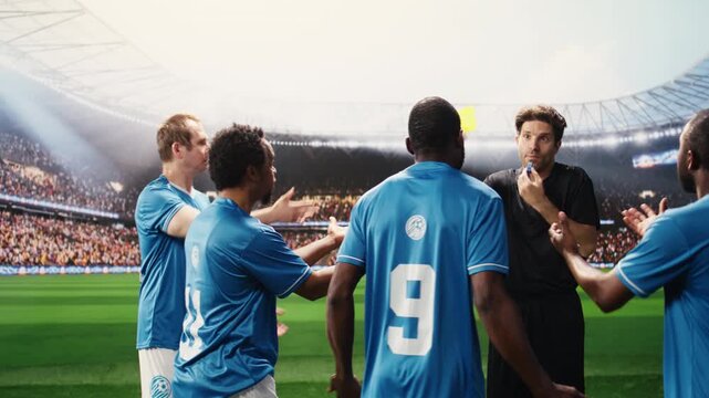 Football referee gives yellow card to player after committing foul, protest and conflict after referee decision and whistle, rule violation and sanction.