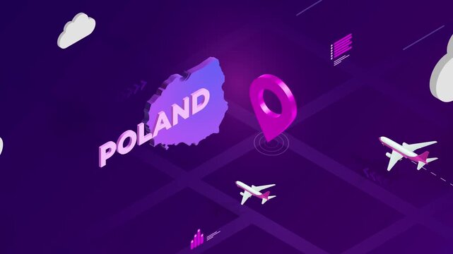 Isometric Design, Poland Map Silhouette Location Pin and Airplanes on Purple Animation, Travel Background