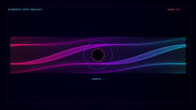 A dynamic digital visualization of Iris Scan Verification technology pulses with colorful neon sine waves across a dark futuristic interface grid.