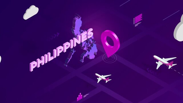 Isometric Design, Philippines Map Silhouette Location Pin and Airplanes on Purple Animation, Travel Background