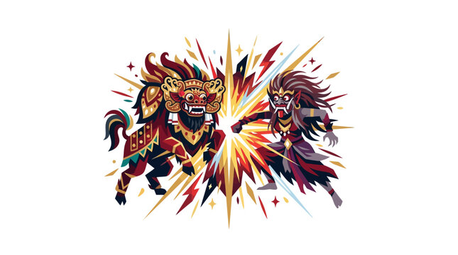 Dynamic energy clash between Barong and Rangda spirits.