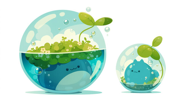 自然と水をテーマにしたクリーンなエコロジーイラスト、地球環境、環境保護、サステナブル、SDGs、自然保護、水資源、植物、葉、森、草、泡、しずく、透明感、清潔感、ナチュラル、癒やし、生命、再生、循環、未来、省エネ、節水、環境問題、自然共生、持続可能、再生可能、企業理念、社会貢献、環境啓発、キャンペーン、広告、ポスター、バナー、ウェブ素材、教材、アイコン、シンボル、背景、素材、環境教育、自然再生、啓発