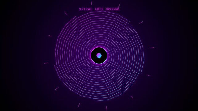 A digital HUD interface showcasing an iris scan verification sequence with rotating spiral lines and neon purple data elements on a dark screen.