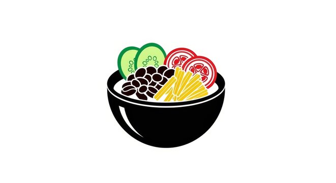 Food - Black Bowl Filled with Black Beans Cucumber Slices Tomato Rounds and Yellow Corn Strips Flat Icon