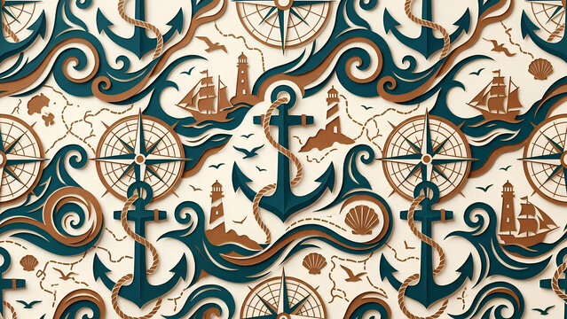 Nautical pattern features stylized anchors, compass roses, and sailing ships in a sophisticated palette of deep navy blue and warm, vintage bronze textures on a creamy off-white background.