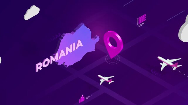 Isometric Design, Romania Map Silhouette Location Pin and Airplanes on Purple Animation, Travel Background
