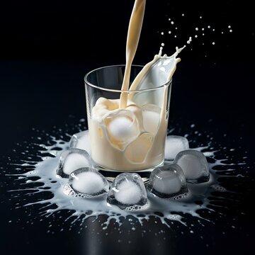 A creamy white liquid pours into a crystal glass filled with ice, creating beautiful splashes and frothy ripples on a dark surface, ripple, closeup, cream