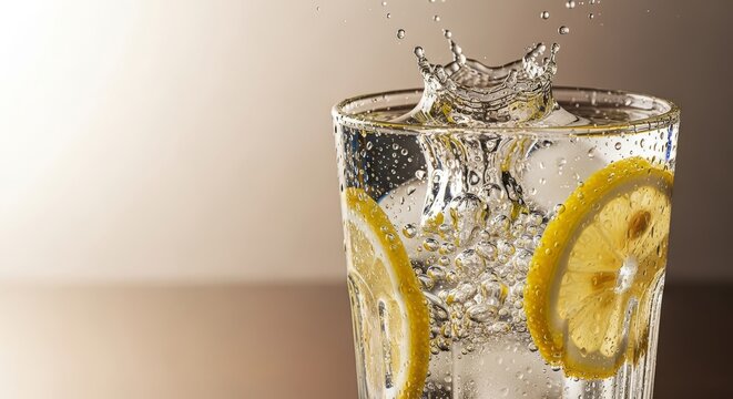 A crystal clear glass filled with ice cubes and lemon slices receives a splash of sparkling water, creating bubbles and droplets on the side, splash, macro, carbonated