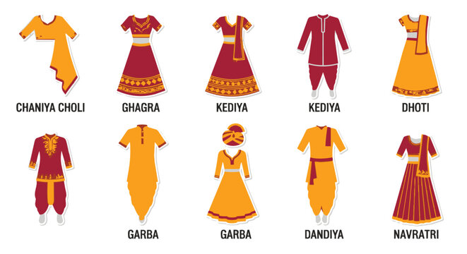 Colorful flat vector illustration set displaying traditional indian ethnic clothing including chaniya choli, ghagra, kedia, dhoti, and navrati garments for cultural festivals and