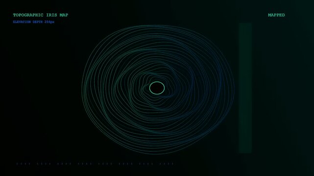 A futuristic UI interface displays a topographic iris scan verification process as a vertical glowing bar sweeps across the circular digital biometric security target.