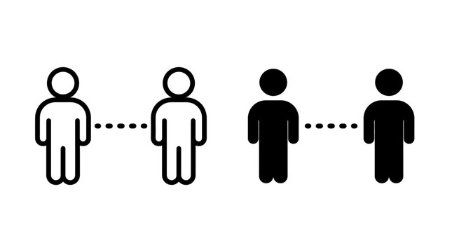 Simple line and solid icons representing social distancing between two people.