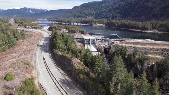 Aerial drone view of hydroelectric dam and reservoir in Whistler, British Columbia, Canada